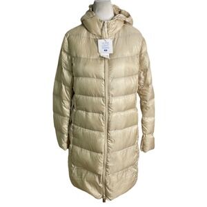 NWT Uniqlo Ultra Light Down Coat Hooded Long Puffer Packable Beige Off White XL